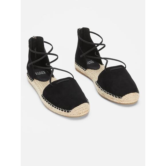 Eileen Fisher Flats Lace Leather Espadrille Closed Toe Strappy Black 8 US Jute - Picture 3 of 12